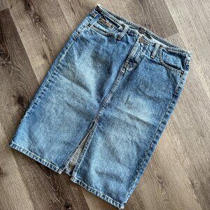 Vtg 90s LEI stonewashed cotton denim knee length front slit denim skirt / sz 7